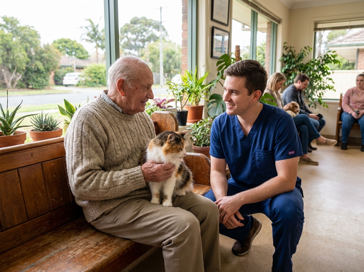 Propriétaire caressant son chat calico dans une salle d