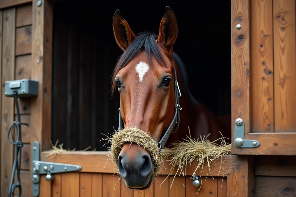 Cheval bai dans un box d'écurie avec piège à mouches et rideau anti-insectes sur la porte
