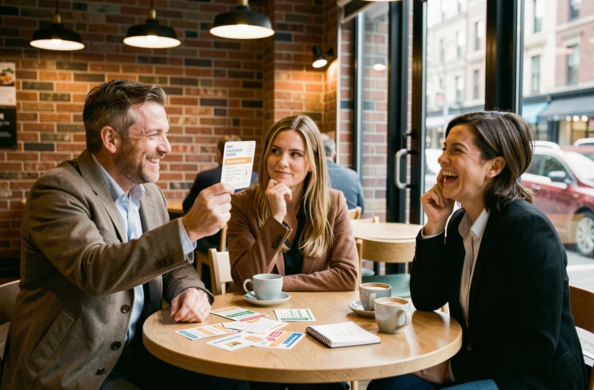 Groupe d'adultes jouant à un quiz sur les animaux avec des cartes questions dans un café