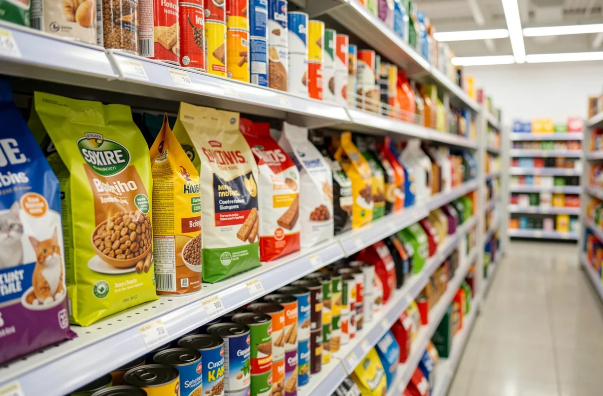 Rayon de nourriture pour chats dans un magasin avec sacs et boîtes