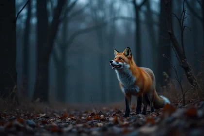 Renard roux en train de crier dans la forêt au crépuscule, entouré de feuilles mortes et de branches sombres