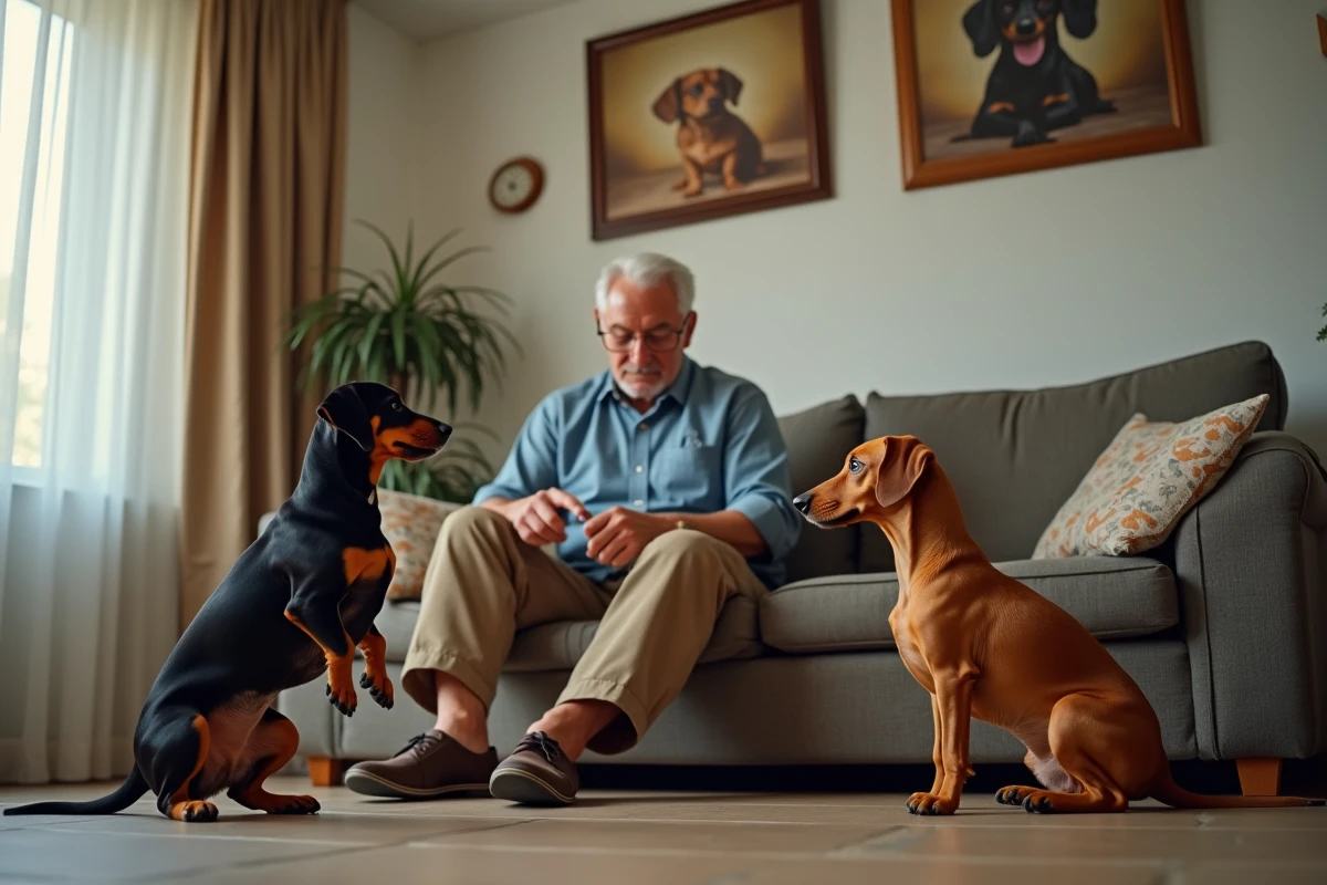 Retraiteur entraînant deux chiens dachshund dans un salon chaleureux