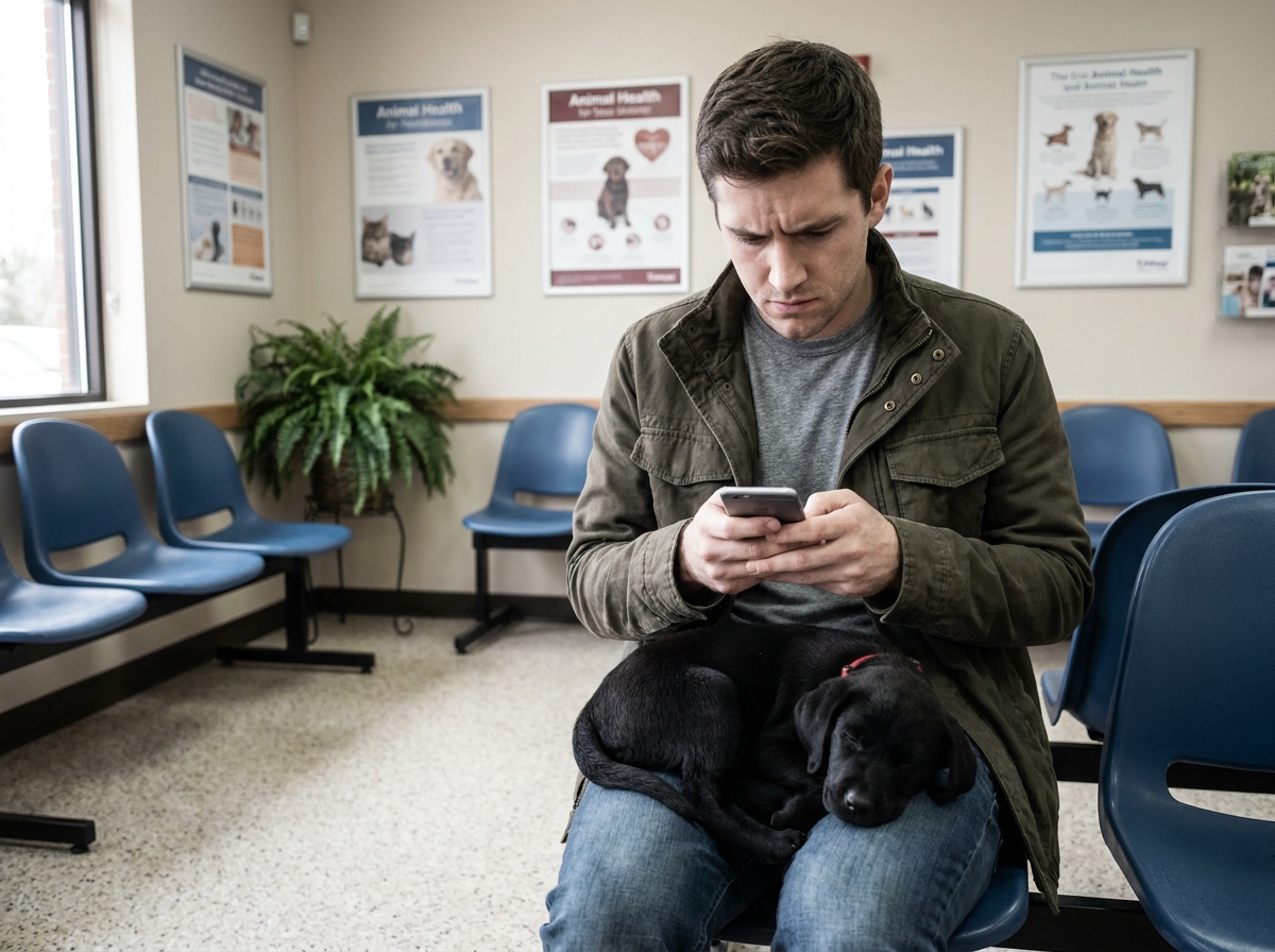 Jeune homme anxieux dans une salle d'attente vétérinaire consultant son téléphone avec un chiot labrador noir sur les genoux