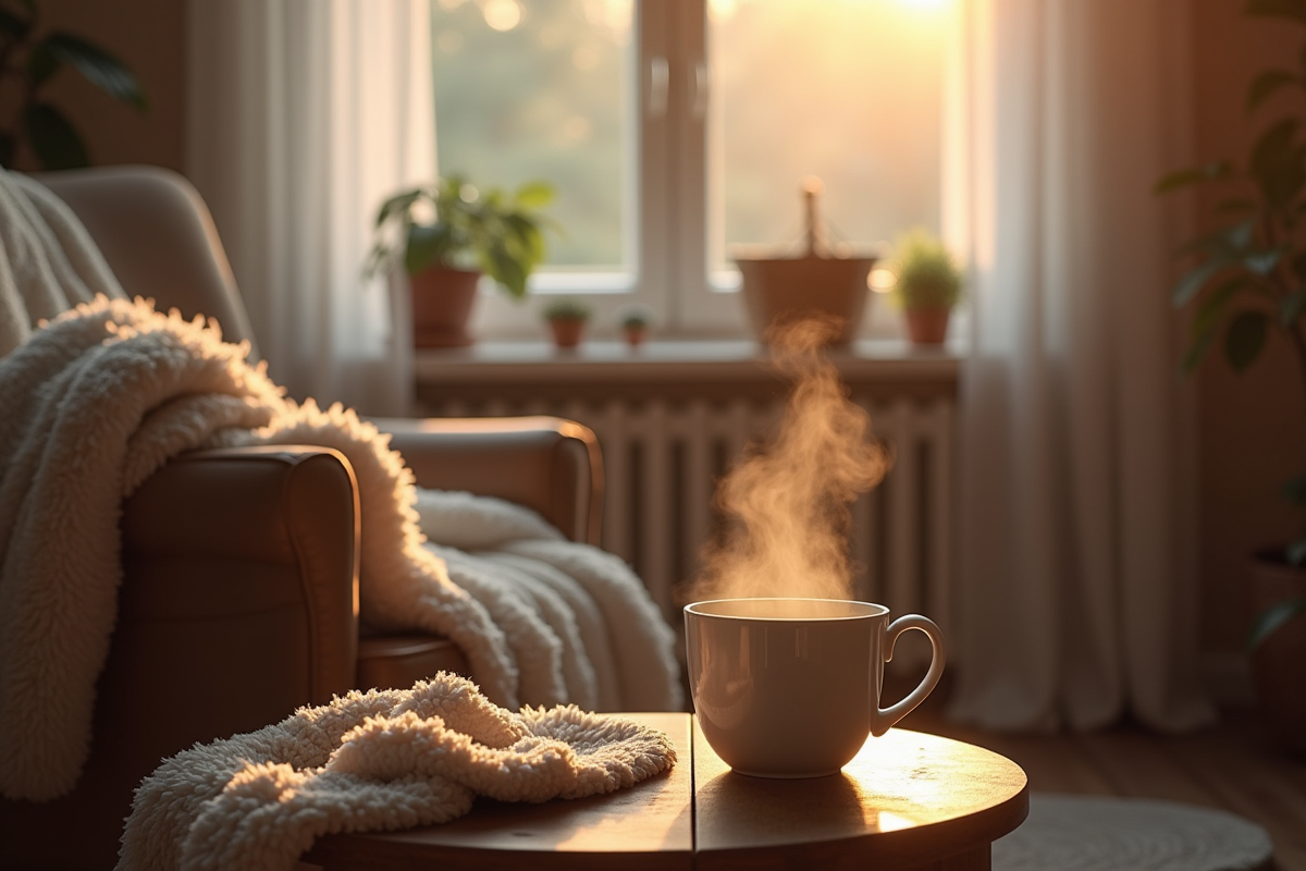 Salon chaleureux avec manteau teddy sur un fauteuil et tisane