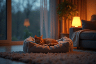 Salon moderne nuit avec un chaton dans un lit douillet