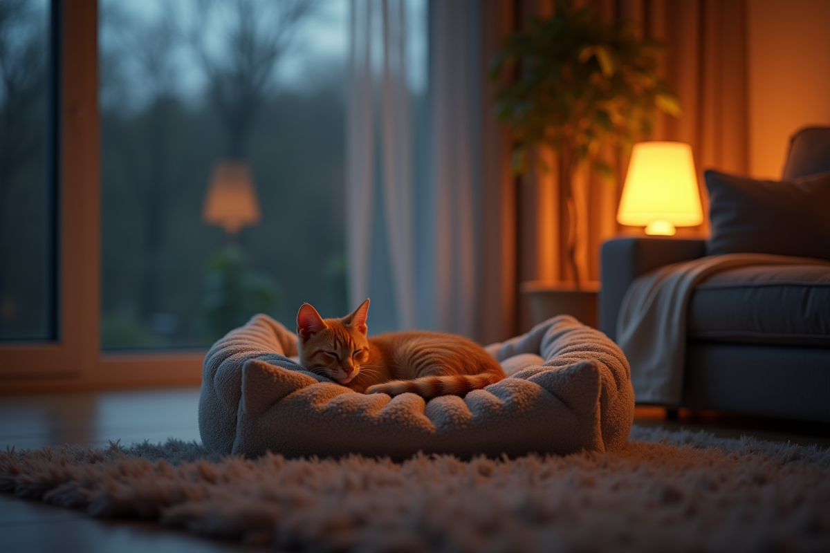 Salon moderne nuit avec un chaton dans un lit douillet