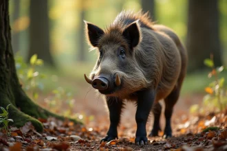 Sanglier sauvage dans la forêt automnale ensoleillée