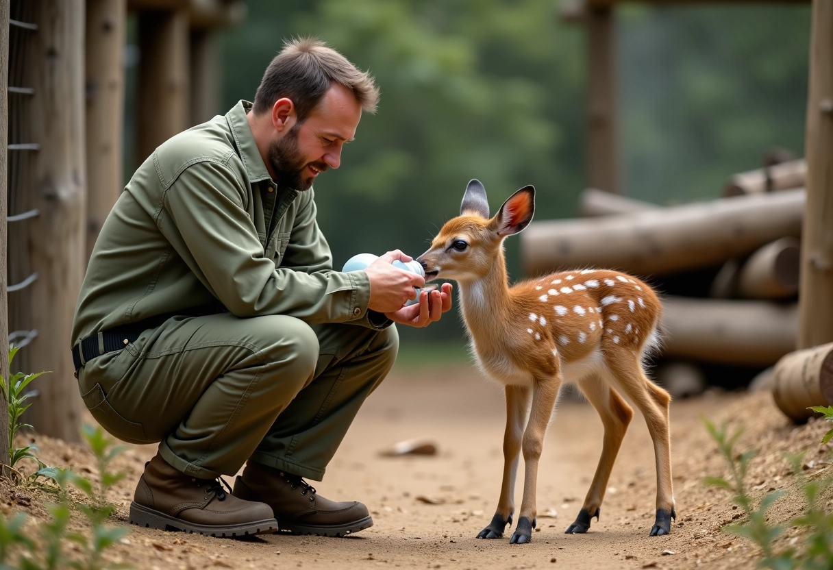 Homme soignant un faon dans un centre de sauvetage animalier