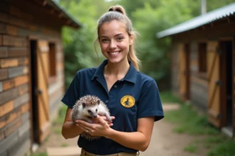 Jeune femme soigneuse avec un hérisson dans un centre animalier