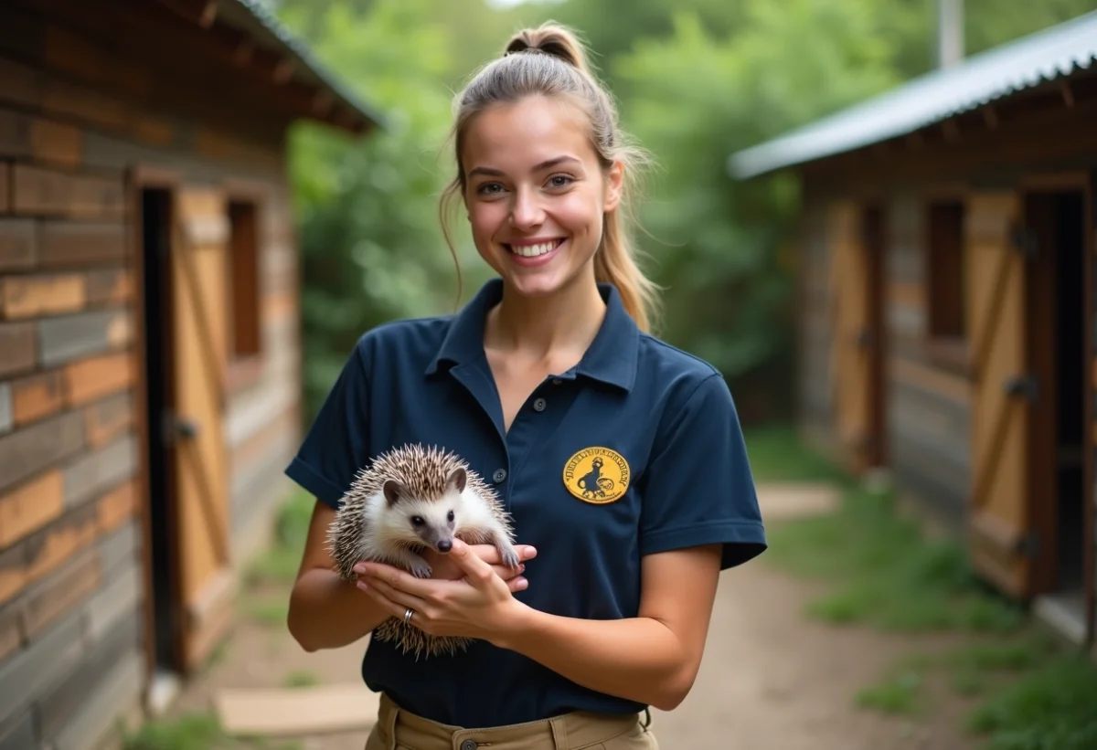 Jeune femme soigneuse avec un hérisson dans un centre animalier