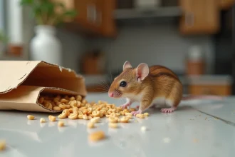 Petite souris brune près d'emballages déchirés dans la cuisine