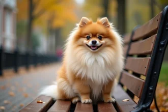 Spitz adulte au pelage crème-orangé assis sur un banc de parc en automne, regard attentif et détendu