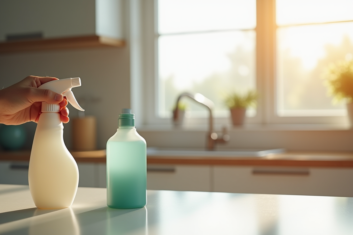 Main tenant un spray antiparasitaire pour animaux sur un comptoir lumineux
