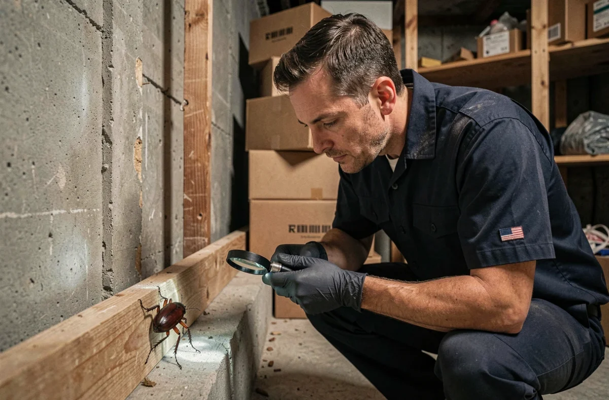 Technicien en désinsectisation inspectant un carabe rougeâtre dans une cave, insecte fréquemment confondu avec un cafard