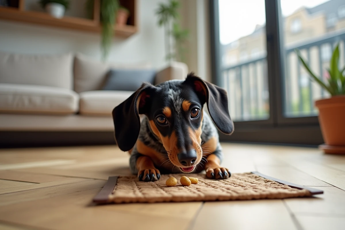 Teckel nain arlequin jouant avec un tapis de fouille à l'intérieur d'un appartement moderne et chaleureux