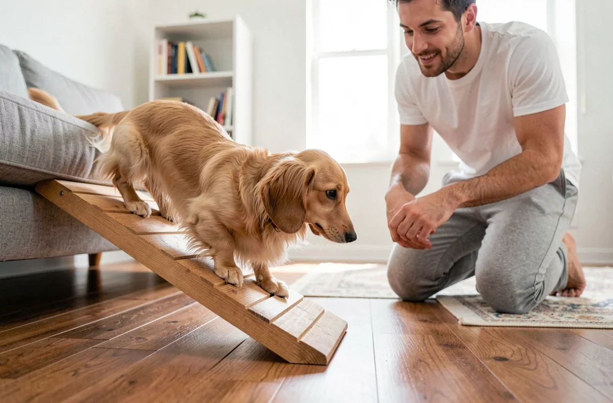 Teckel nain à poil long descendant une rampe en bois adaptée pour protéger son dos dans un appartement moderne, surveillé par son propriétaire