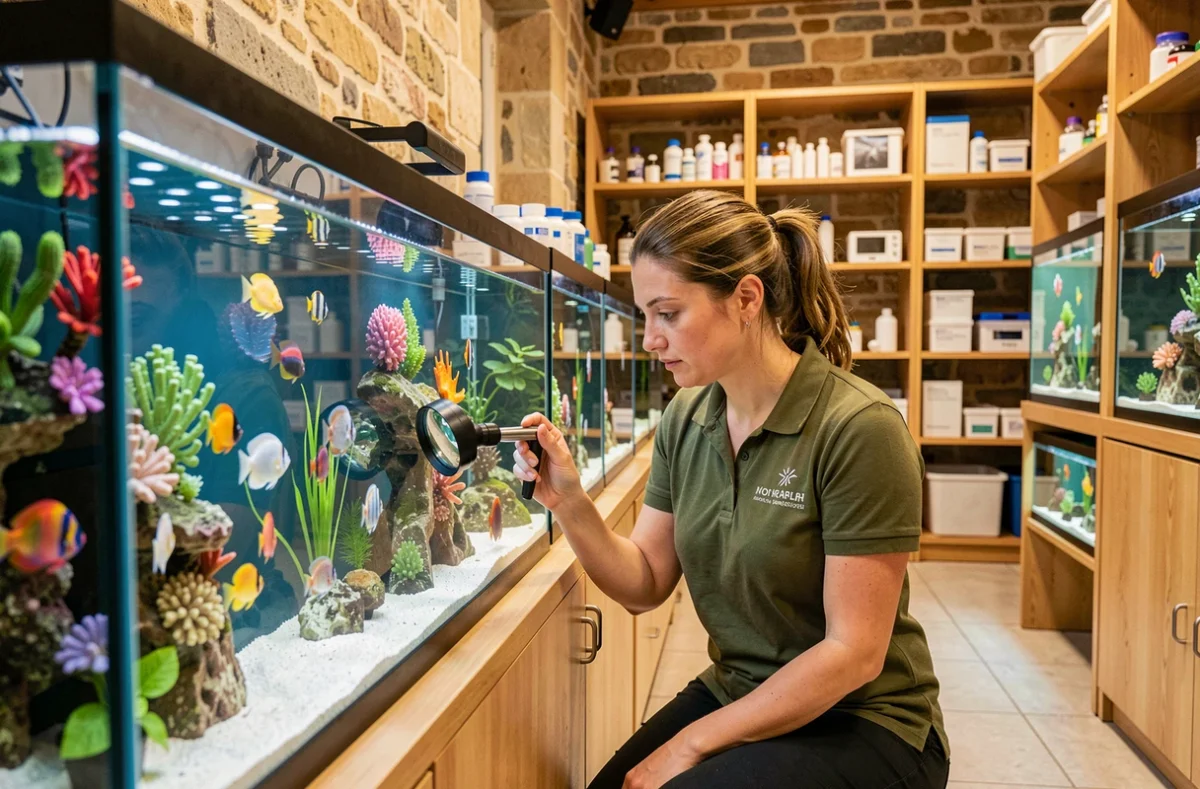 Terranimo à Colmar : vétérinaire spécialisée observant des poissons tropicaux dans une clinique aquatique et exotique