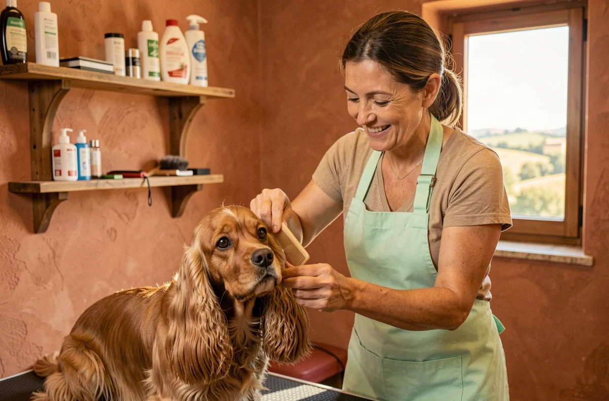 Toiletteuse du salon Tic et Puce dans l'Hérault examinant les oreilles d'un cocker spaniel après une séance de toilettage