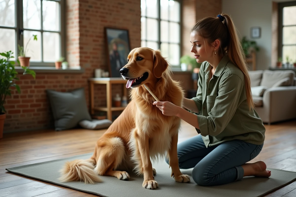 Femme brossant le pelage abondant d'un Golden Retriever dans un salon, scène de toilettage maison réaliste avec accessoires pour chien