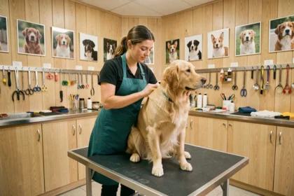 Toiletteuse professionnelle brossant un golden retriever dans un salon de toilettage canin moderne en Occitanie