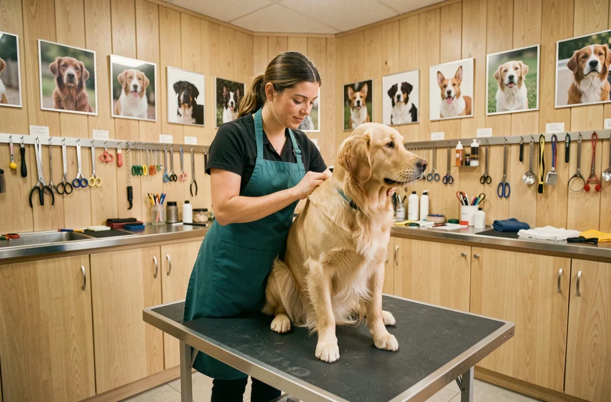 Toiletteuse professionnelle brossant un golden retriever dans un salon de toilettage canin moderne en Occitanie