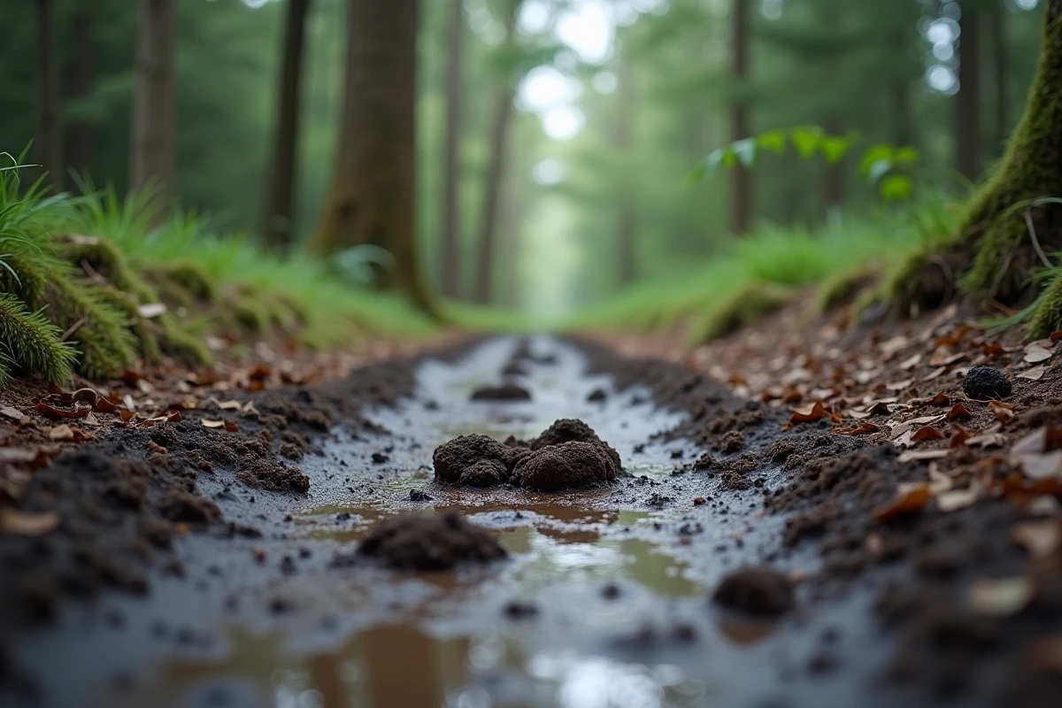 Traces de passage d'une harde de sangliers sur sentier forestier boueux avec crottes et empreintes de sabots