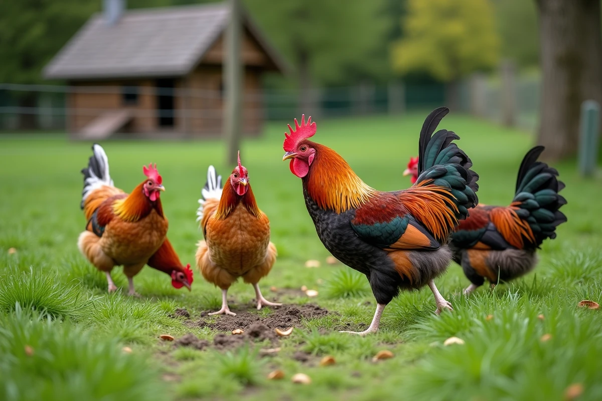 Troupeau de poules et coq Plymouth Rock en plein air dans un pré vert, en liberté dans une petite exploitation agricole française