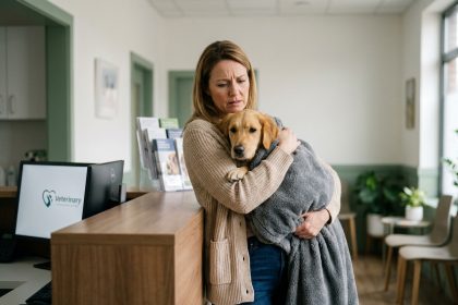 Femme inquiète tenant son chien golden retriever enroulé dans une couverture à l'accueil d'une clinique vétérinaire à Toulouse