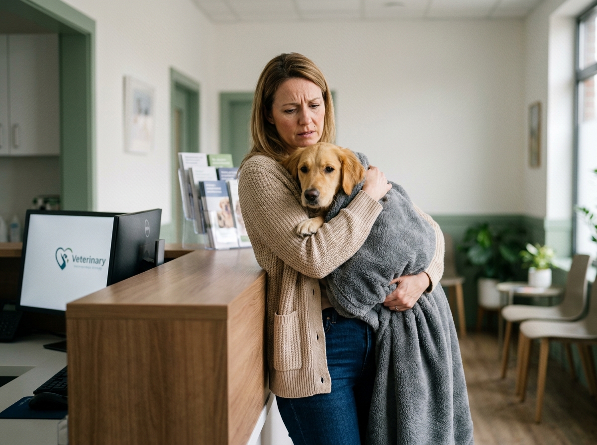 Femme inquiète tenant son chien golden retriever enroulé dans une couverture à l'accueil d'une clinique vétérinaire à Toulouse