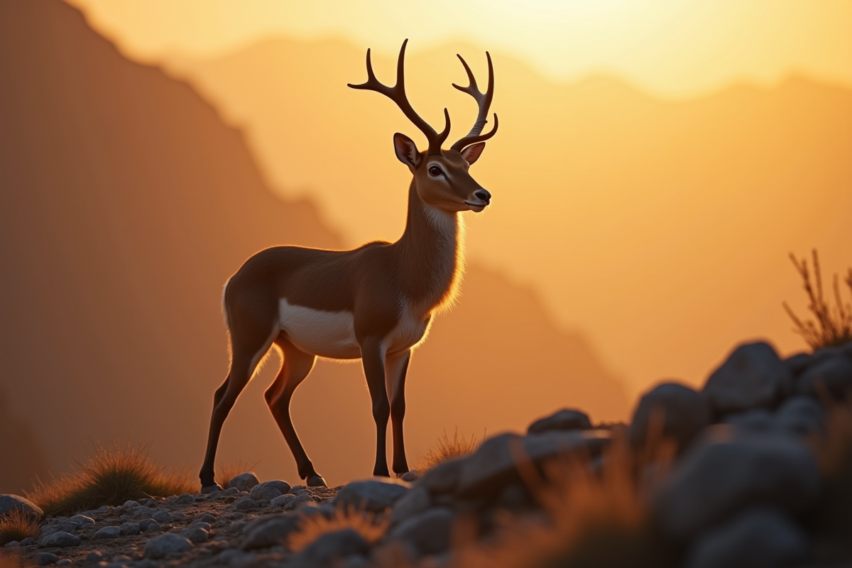 Un urial sur un terrain rocheux au coucher du soleil
