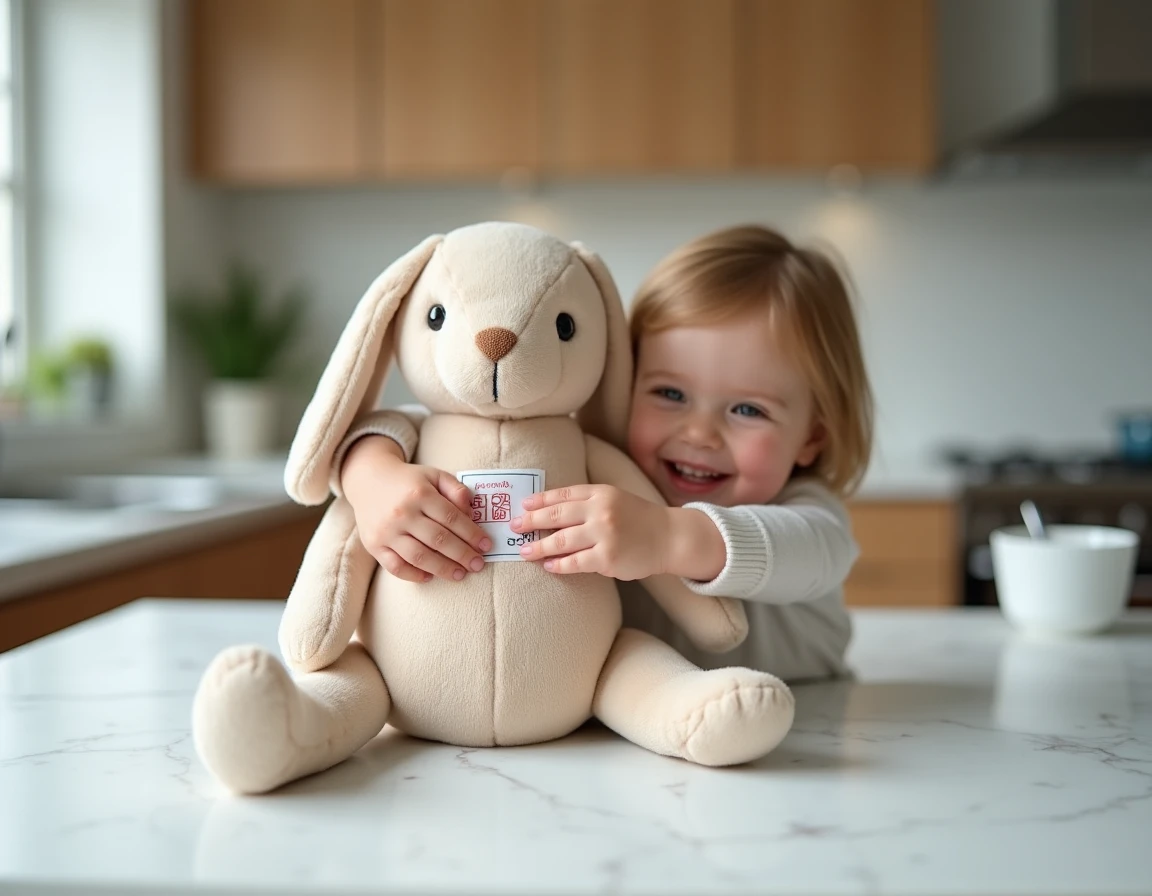 Mains d'un parent et d'un enfant inspectant l'étiquette de sécurité CE du jouet-lapin Petsboro