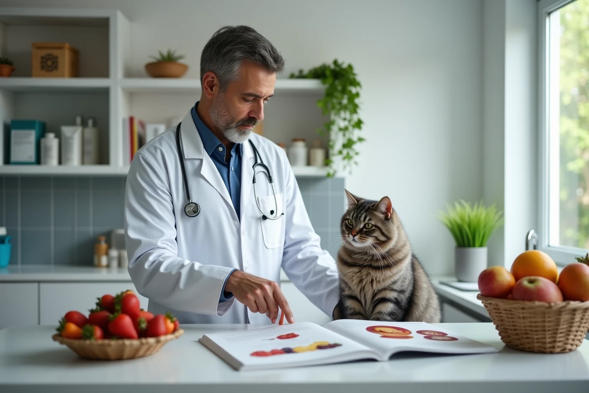 Vétérinaire montre un livre sur les fruits toxiques pour les chats