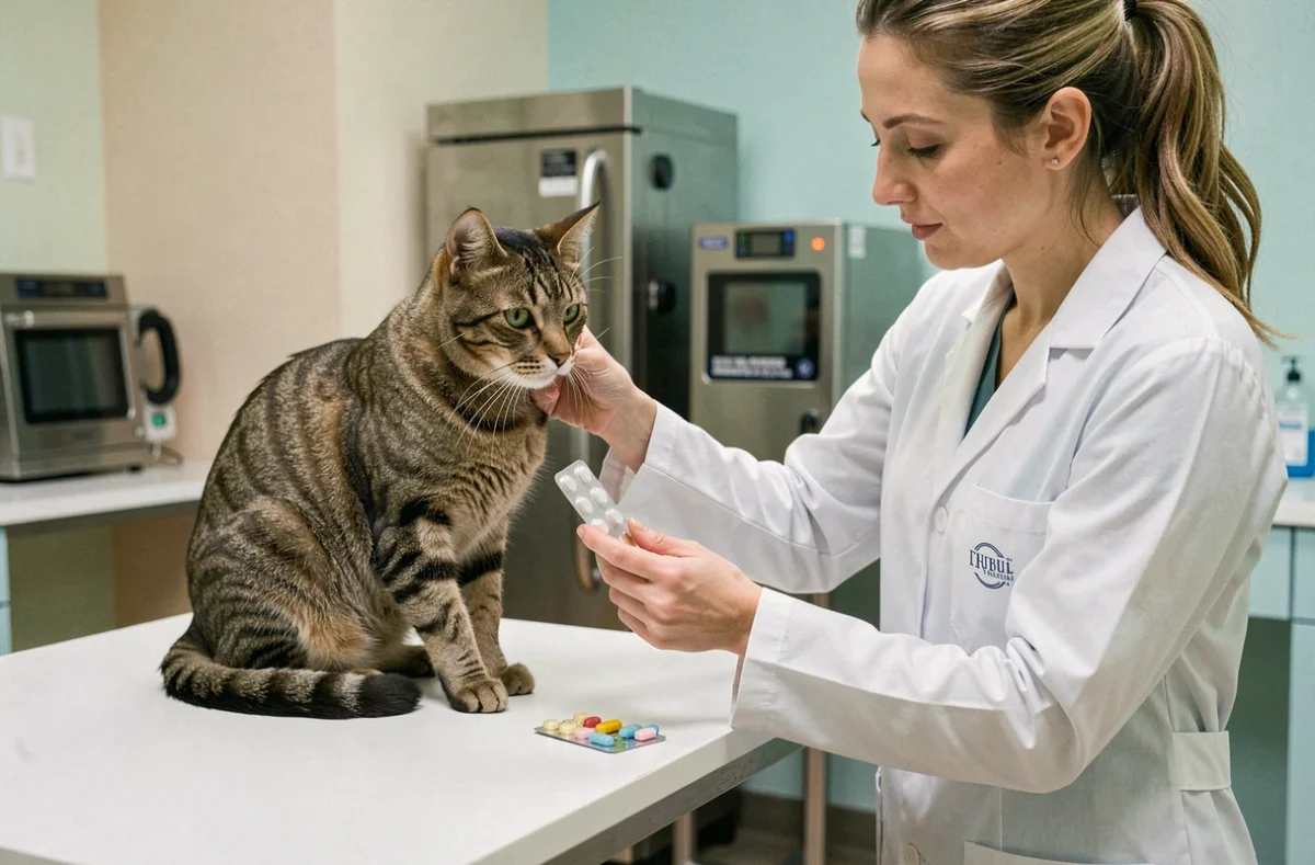 Vétérinaire examinant un chat tigré sur une table de consultation avec une plaquette de pilules contraceptives à proximité