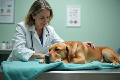 Vétérinaire accompagnant avec douceur un vieux golden retriever lors d'une consultation en cabinet vétérinaire