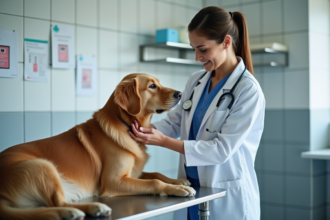 Vétérinaire examinant un golden retriever dans une clinique