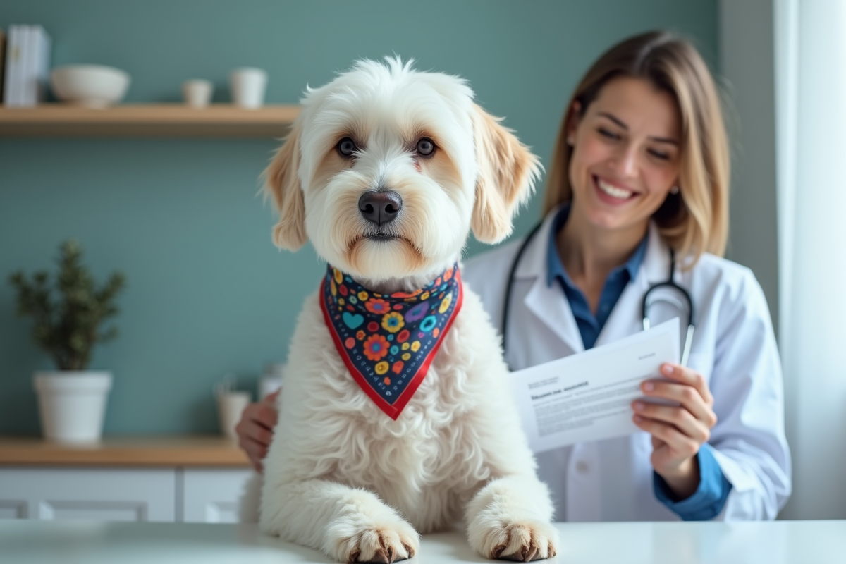 Vétérinaire avec un chien blanc et bandana dans une clinique moderne