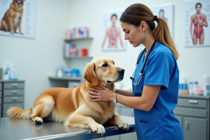 Vétérinaire examinant un retriever dans une clinique moderne