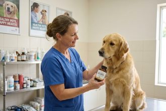 Vétérinaire avec chien et compléments pour animaux