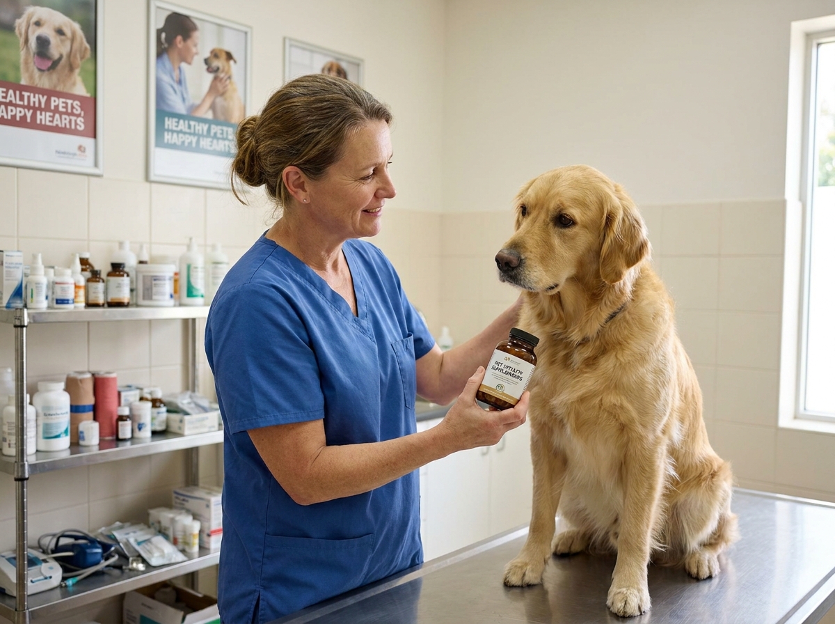 Vétérinaire avec chien et compléments pour animaux