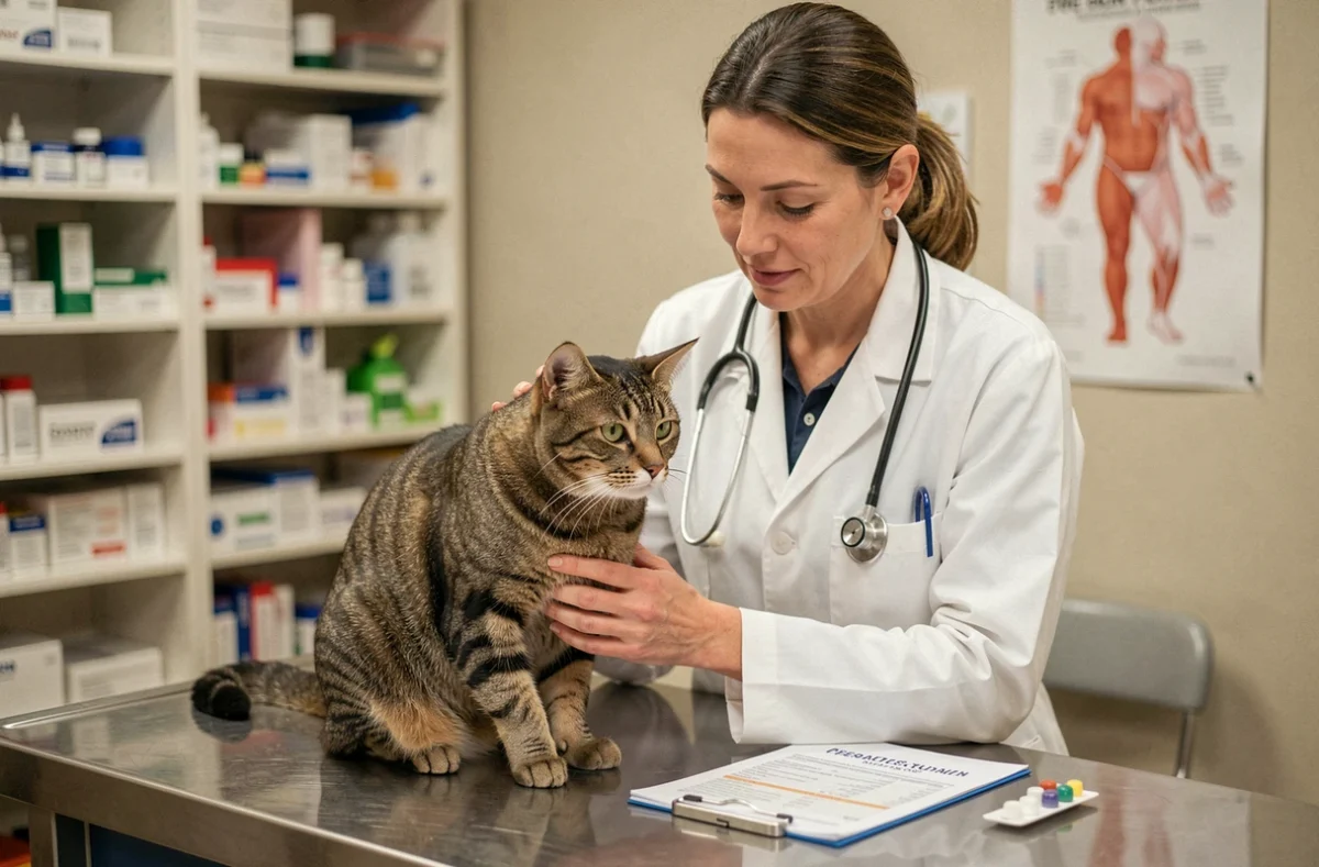 Vétérinaire consultant un tableau de dosage pour prescrire un traitement antiparasitaire adapté au poids d'un chat