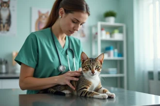 Vétérinaire examinant un chat avec asymetrie faciale