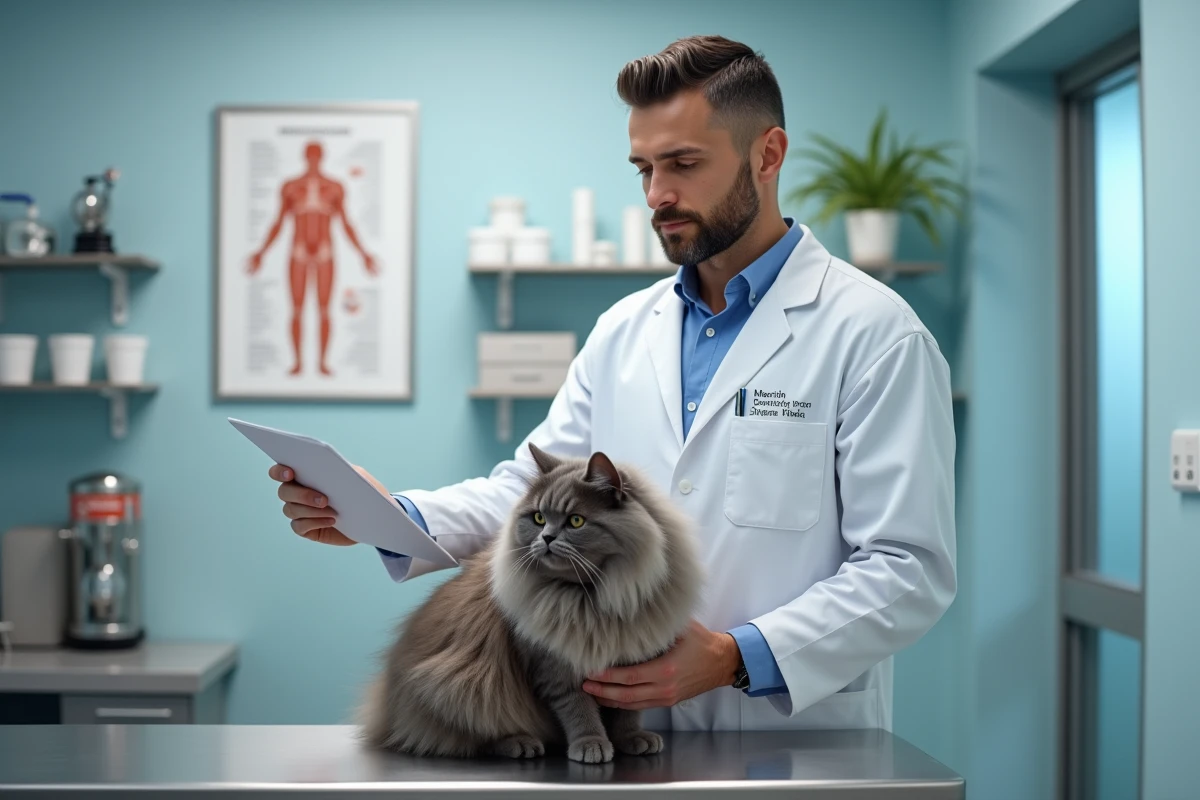 Vétérinaire examinant un chat persan gris sur une table d'examen en acier inoxydable dans une clinique vétérinaire moderne