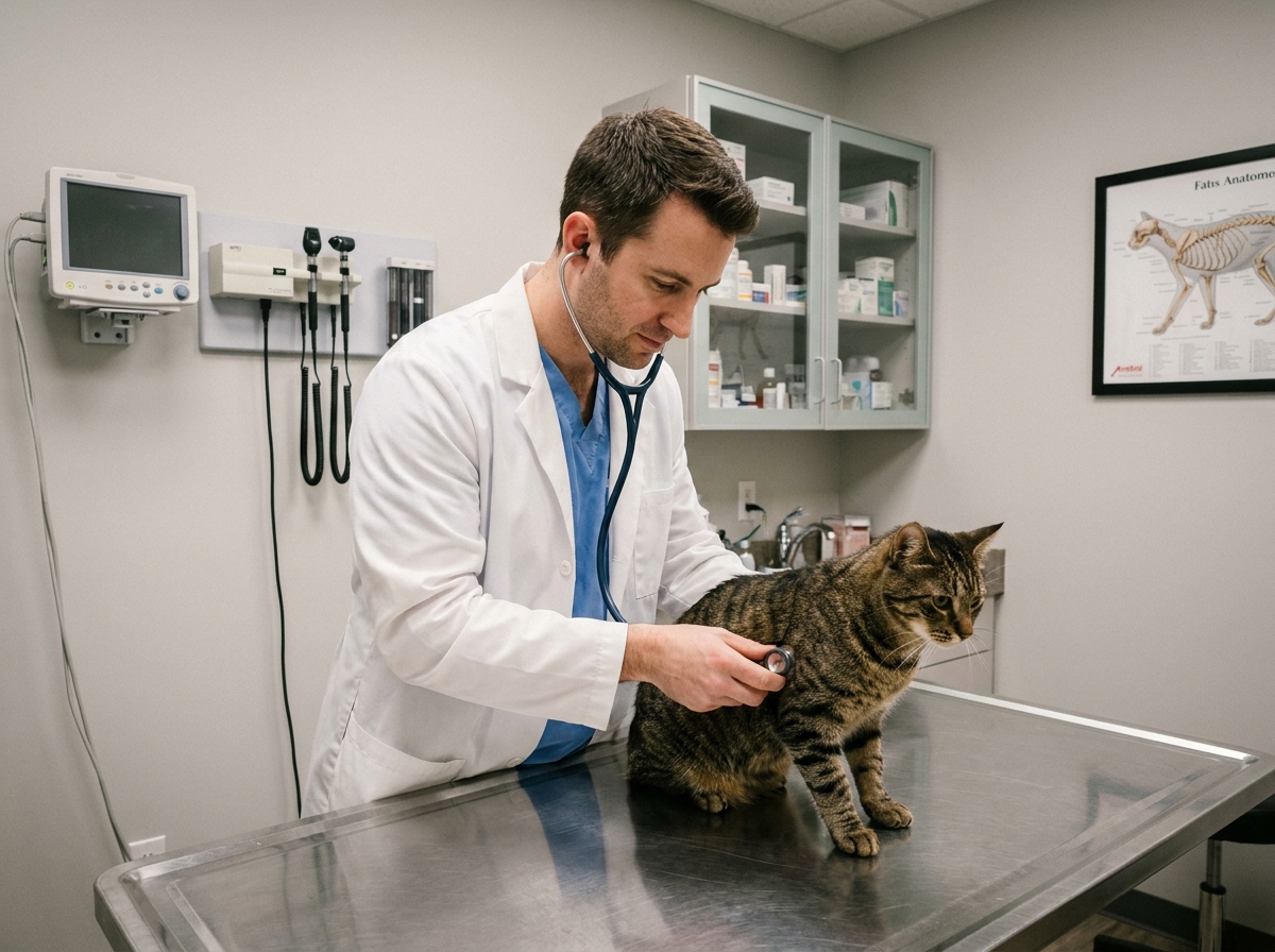 Vétérinaire examinant un chat tigré avec un stéthoscope sur une table d'examen en acier inoxydable dans une clinique vétérinaire