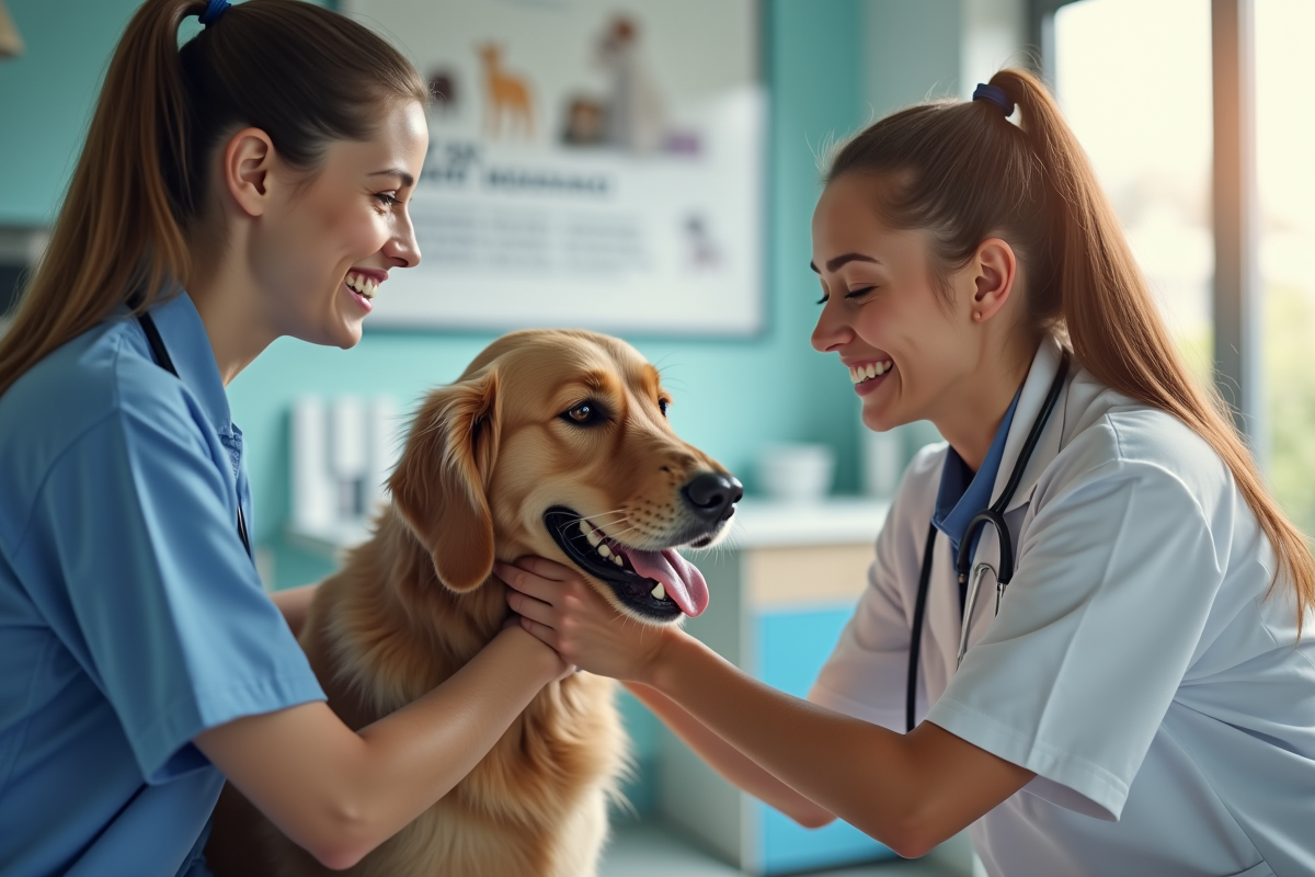 Vétérinaire examinant un golden retriever avec sa propriétaire souriante
