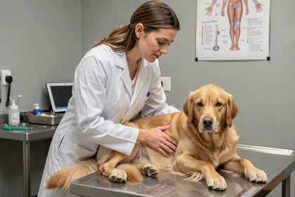 Vétérinaire examinant un golden retriever sur une table d'examen dans une clinique vétérinaire propre