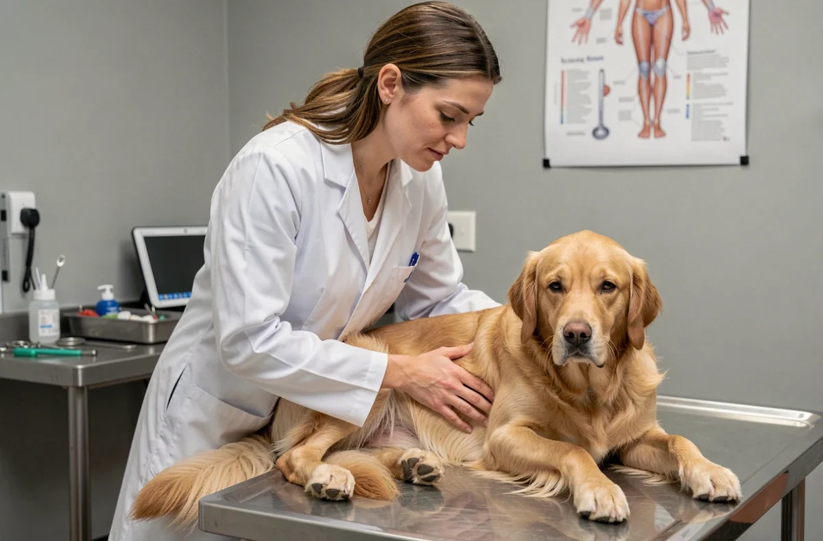 Vétérinaire examinant un golden retriever sur une table d'examen dans une clinique vétérinaire propre
