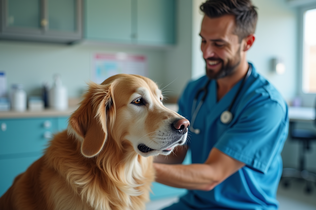 Vétérinaire examine un golden retriever âgé
