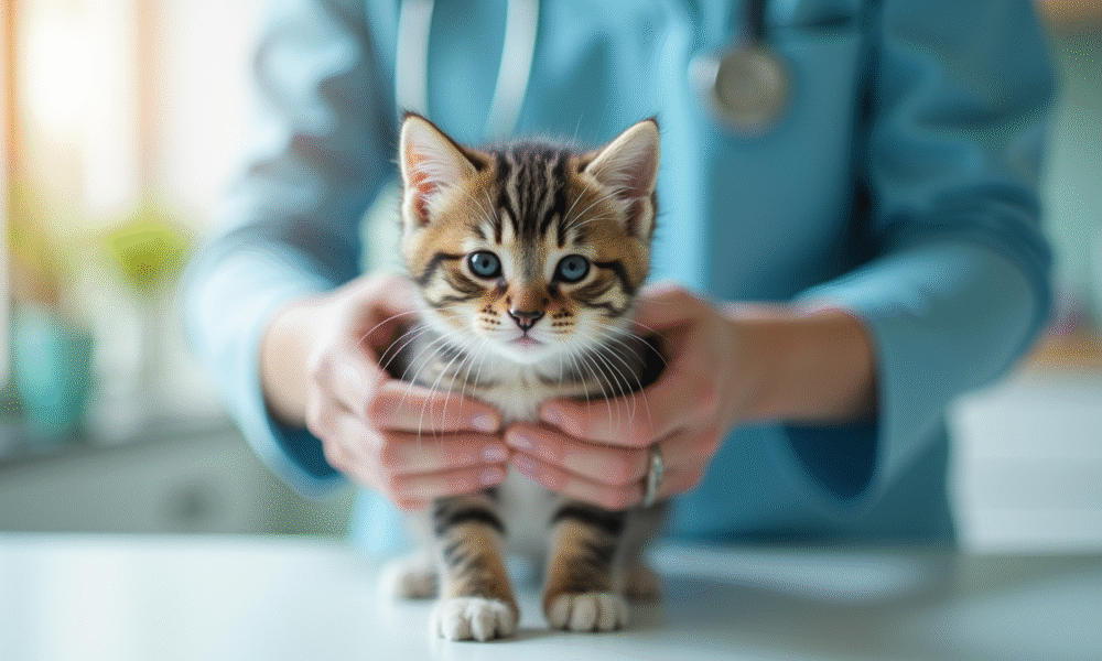 Vétérinaire tenant doucement un chaton calme en clinique