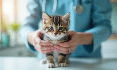 Vétérinaire tenant doucement un chaton calme en clinique