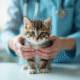 Vétérinaire tenant doucement un chaton calme en clinique